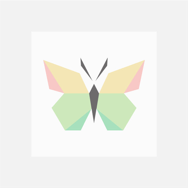 A digital image of a quilt block, made in paper piecing, with white background fabric and a butterfly in shades of yellow, pink and green.