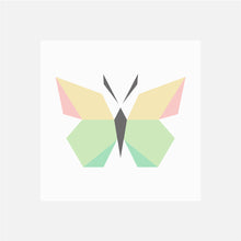 A digital image of a quilt block, made in paper piecing, with white background fabric and a butterfly in shades of yellow, pink and green.