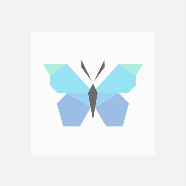 A digital image of a quilt block, made in paper piecing, with white background fabric and a butterfly in shades of blue and green.