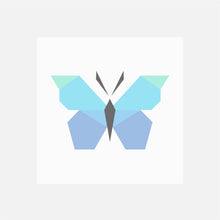 A digital image of a quilt block, made in paper piecing, with white background fabric and a butterfly in shades of blue and green.