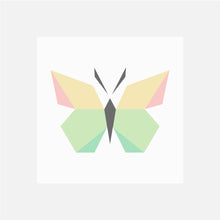 A digital image of a quilt block, made in paper piecing, with white background fabric and a butterfly in shades of yellow, pink and green.