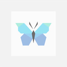 A digital image of a quilt block, made in paper piecing, with white background fabric and a butterfly in shades of blue and green.